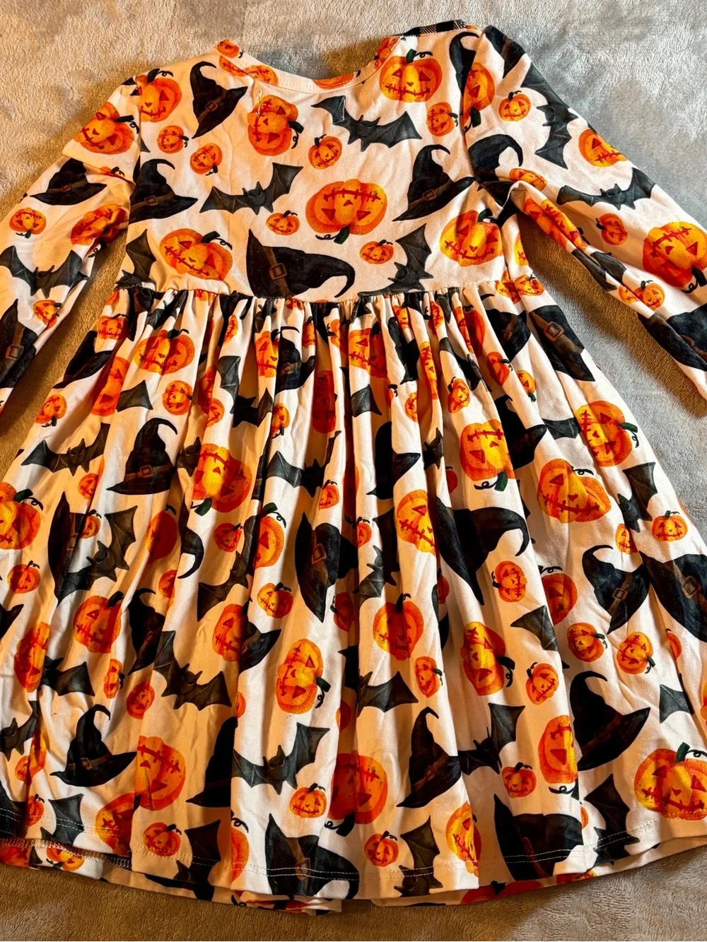 Girls' Orange Pumpkin Halloween Dress with Black Gingham Trim
